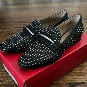Enzo Angiolini Black Leather and Silver Studded Loafers